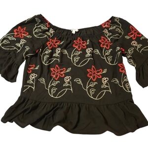 Black Ruffled Puff Sleeve Blouse with Flutter Sleeve and 3/4 Length